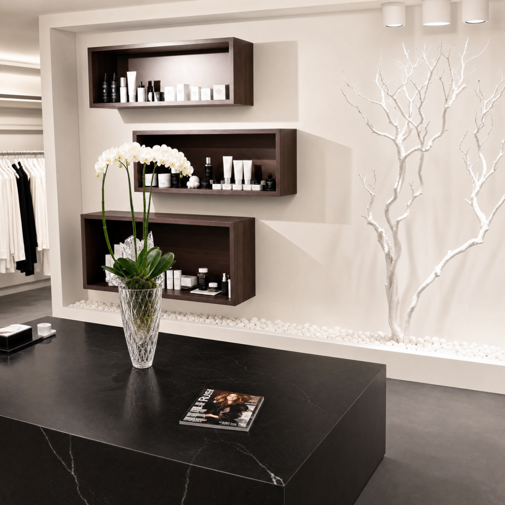 Cliente e staff insieme in boutique con look eleganti.